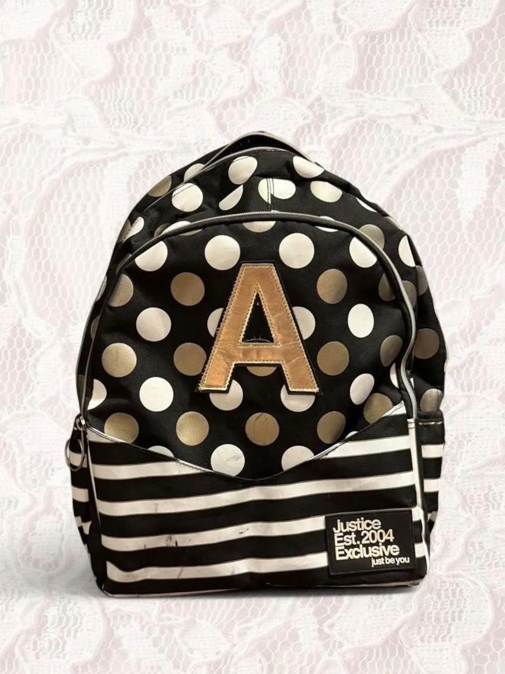 Justice Black & White Polka Dot Mini Backpack with Gold 'A' Patch